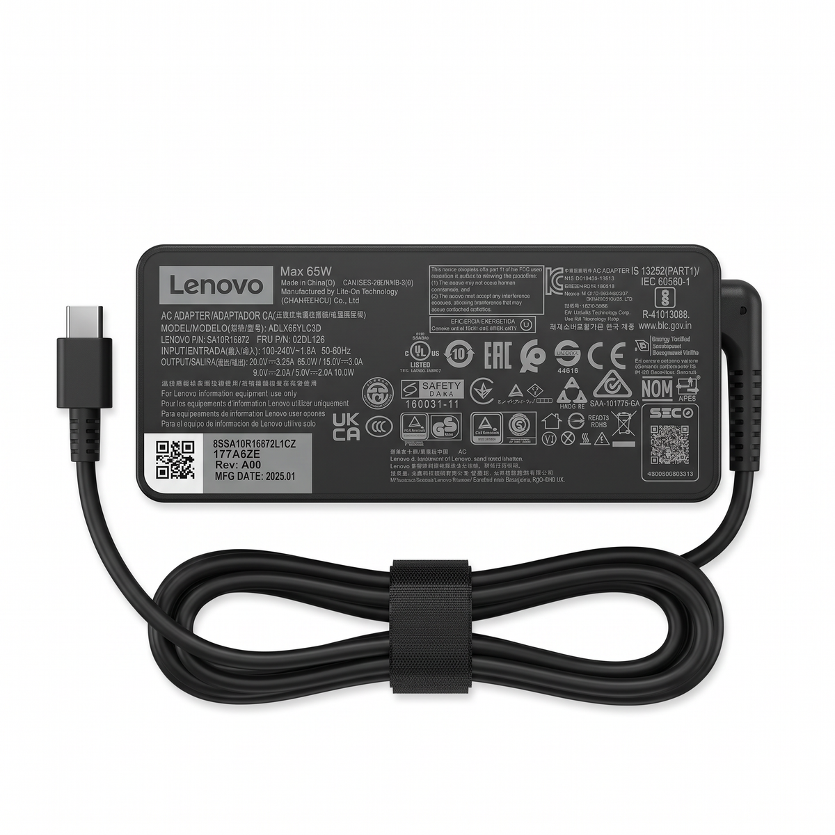 Cargador Lenovo 65W 3.25A – USB-C – vista frontal